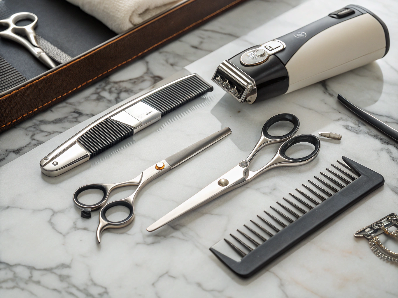 Professionelle Pflegewerkzeuge einschließlich Scheren, Bürsten und Kämme